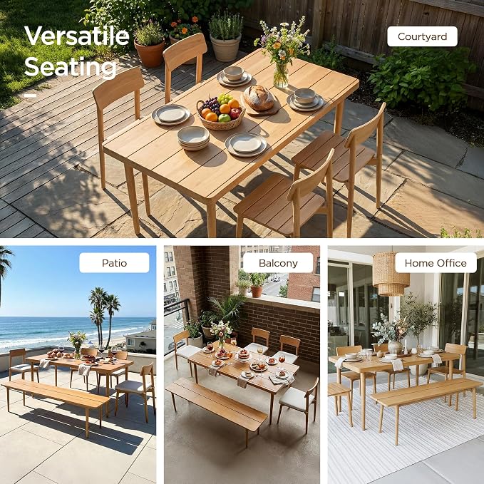 Acanva 6-Piece Aluminum Outdoor Dining Set with Bench, Brown | All-Weather Patio Table and Chairs Set for 6 Person, Slatted Tabletop, for Backyard Deck Garden Poolside