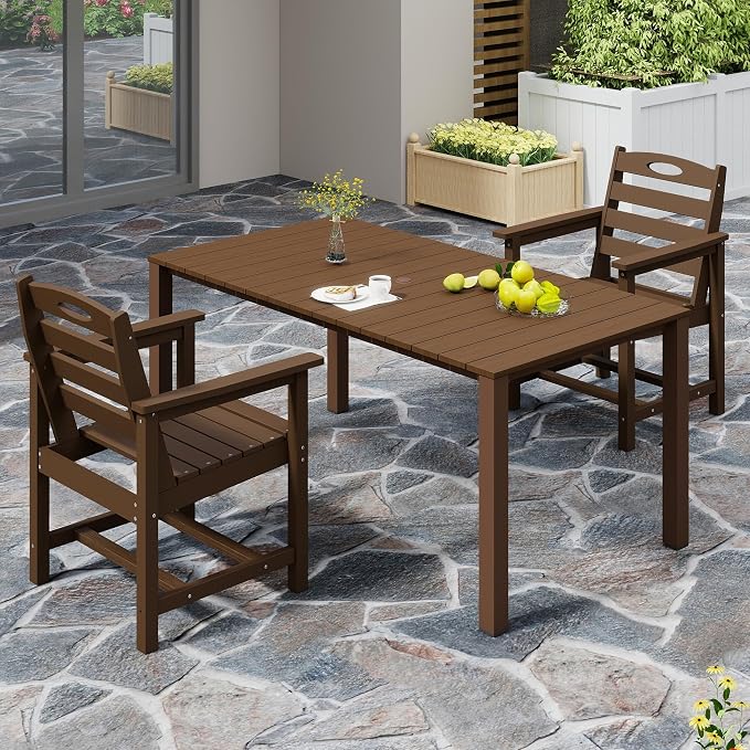Domi HDPE Outdoor Dining Set, All-Weather 3 Piece Outdoor Dining Table Set with 2" Umbrella Hole, Outdoor Patio Dining Set for Garden, Poolside, Backyard, Deck, Brown