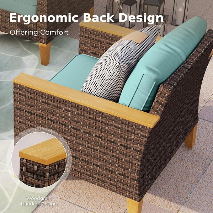 PHI VILLA 7-Piece Half Moon Patio Furniture Set with 56" Fire Pit Table, Outdoor Wicker Sectional Sofa with Cushions, Large Curved Conversation Seating for Garden or Backyard, Aqua Blue