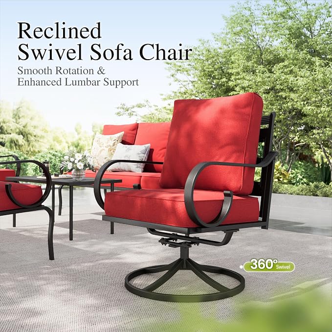 Sophia & William Patio Conversation Set for 7, 3-Seater Sofa, 4 Swivel Chairs and a Coffee Table, Metal Outdoor Furniture with 5.75" Extra Thick Cushions, Red