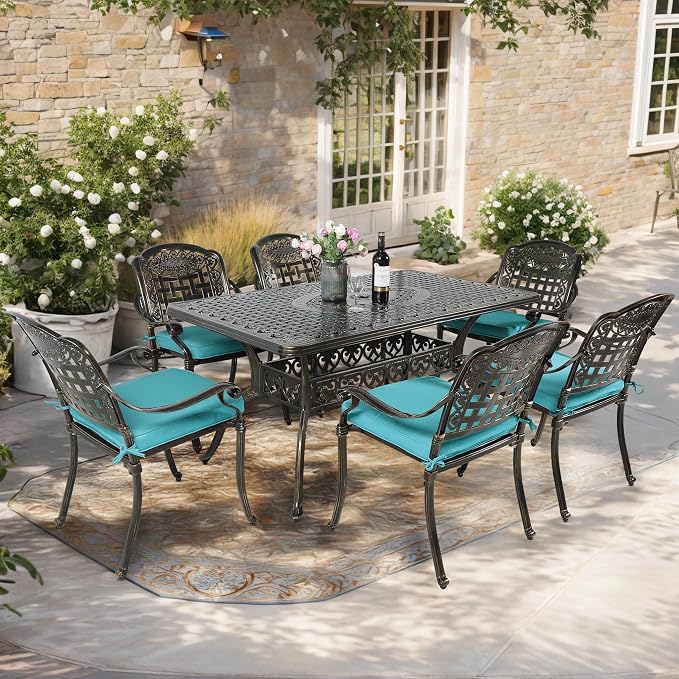 7-Piece Outdoor Patio Dining Set, 60” Rectangular Cast Aluminum Dining Table with Umbrella Hole and 6 Outdoor Dining Cushioned Chairs, Patio Funiture Set for Backyard, Patio, Garden, Blue