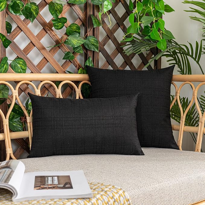 Kevin Textile Outdoor Waterproof 14”x24” Lumbar Pillow Covers 2 Pack, Black | Water Resistant, Soft Faux Linen-cotton Yarn-dyed Woven Texture Throw Pillow Covers for Tent Patio Garden Couch Sofa