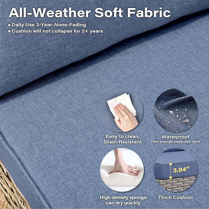 8 Pieces Outdoor Sectional Patio Furniture Set with Swivel Rocking Chairs,Conversation Sets Rattan Wicker L Shaped Couch,Modular Outdoor Sofa for Porch Balcony Backyard Denim Blue