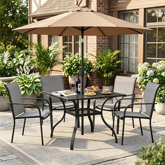 Crownland 5 Piece Patio Dining Set, Textilene Dining Sets, 4 Textilene Metal Chairs and Square Outdoor Dining Table with Khaki 9FT Round Outdoor Umbrella (Grey)