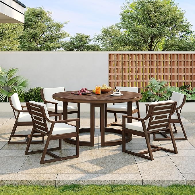 7-Piece Patio Dining Table Set for 6, 59" Round Wooden Table with 1.96" Umbrella Hole, Outdoor Furniture with Removable Beige Cushions, Mocha Finish, for Garden Backyard Poolside (Mocha1)