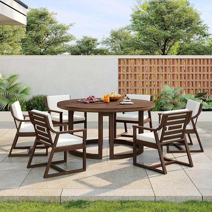 7-Piece Patio Dining Table Sets, Round Outdoor Acacia Wood Dining Furniture Set with Umbrella Hole Cut-Out Table and 6 Chairs, Matching Removable Cushions,Mocha