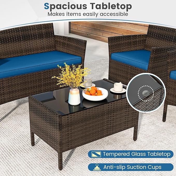 HAPPYGRILL 8 Pieces Outdoor Rattan Conversation Set, Patio Wicker Furniture Set with Loveseat Chairs & Tempered Glass Coffee Table, Outside Sectional Sofa Set for Backyard Garden Poolside, Blue