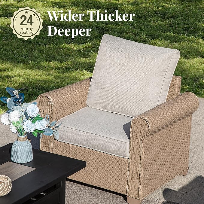MIXPATIO Patio Furniture Set, 4 Piece Wicker Outdoor Furniture Set with Fire Pit Table & Thick Waterproof Cushions, 5 Seats Patio Conversation Set for Backyard Deck, Beige