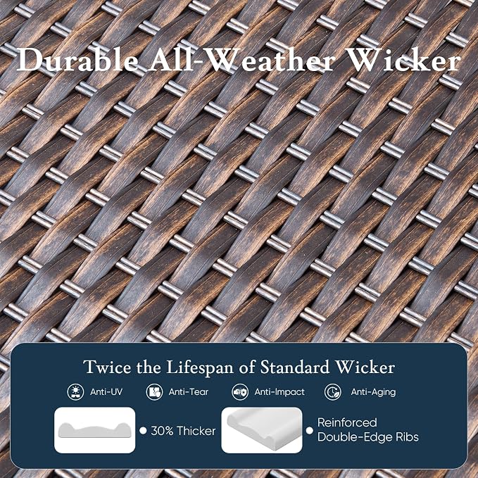 Belord Luxury 6" Thick Cushioned 7 Pieces Patio Furniture Set with Fire Pit Table, Wicker Outdoor Conversation Set with High Back Swivel Rocker Chairs for Deck Porch Yard and Poolside - Brown+Grey
