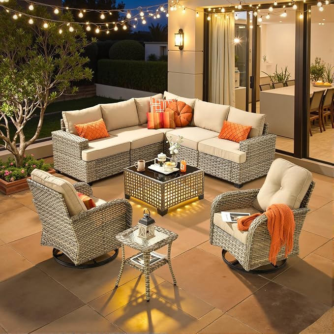 ovios 9 Piece Patio Sectional Furniture with Swivel Rocking Chairs, Rattan Wicker Coversation Couch Set, Outdoor Sofa Set for Outside Porch Balcony Backyard Pool, Beige