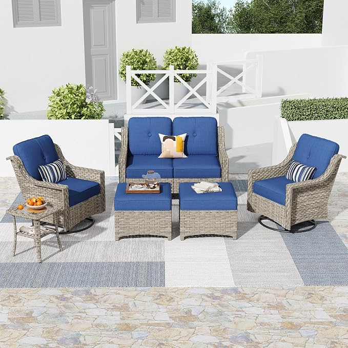 HOOOWOOO 6 Piece Patio Furniture Conversation Sets with Swivel Rocking Chairs,Outdoor Wicker Furniture with Ottoman,All Weather Resistant High Back Rattan Conversational Set(Denim Blue)