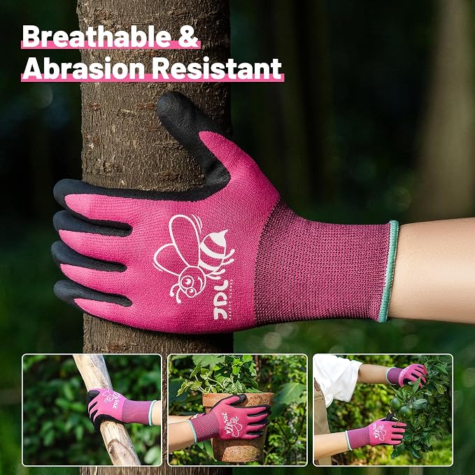 JDL 12 Pairs Nylon Nitrile Coated Gardening Gloves for Women, Touchscreen Yard Garden Gloves, Breathable Safety Work Gloves with Grip, Pink, Small