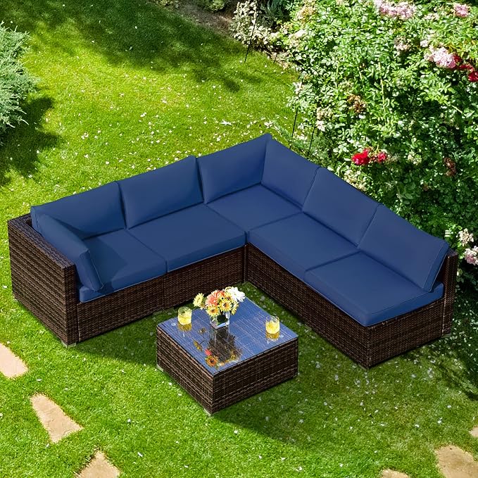 Tangkula 6 Pieces Patio Furniture Set, Outdoor Wicker Conversation Set with Glass Coffee Table, Wicker Sofa Set with Back & Seat Cushions, Rattan Sectional Conversation Set for Backyard Garden
