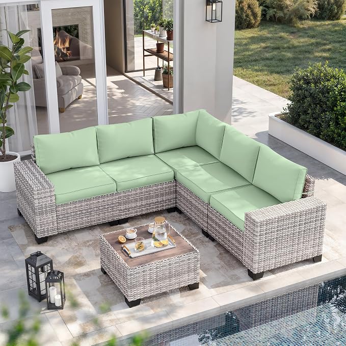 12-Piece Outdoor Patio Furniture Set Wicker Sectional Sofa Set, Patio Conversation Set with Thickened Cushions & Coffee Table for Garden, Backyard, Poolside, Light Green