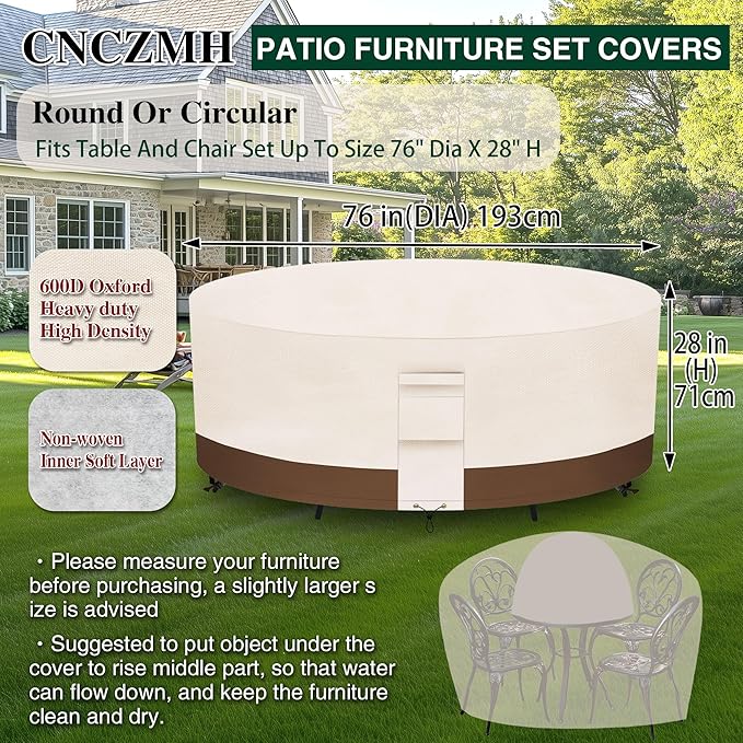 Heavy Duty Patio Furniture Covers Waterproof, 600D Round Outdoor Furniture Cover Waterproof for Sectional Sofa Couch, Outdoor Dining Table and Chair Set Covers 76"DIA x 28"H, Beige Brown