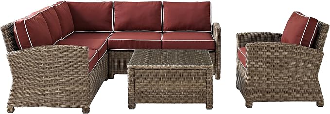 Crosley Furniture Bradenton 5-Piece Outdoor Sectional Sofa Wicker Conversation Patio Furniture Set for Deck, Brown with Sangria Cushions