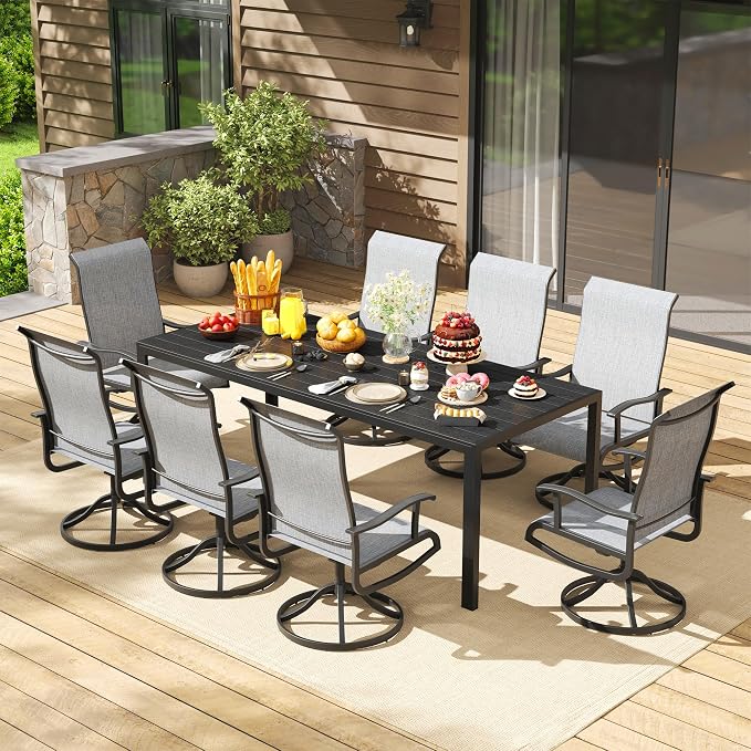 PIZZELLO 9 Piece Patio Dining Set with 8 Outdoor Swivel Dining Chairs and 83" Rectangular Dining Table, All Weather Textilene Patio Chair and Metal Table for Deck Lawn Garden