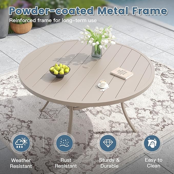 DIFY 7 Pieces Outdoor Dining Set for 6, 53" Round Metal Table with Umbrella Hole and Textilene Swivel Patio Chairs, Patio Table and Chairs Set for Garden, Backyard, Poolside, Sandshell