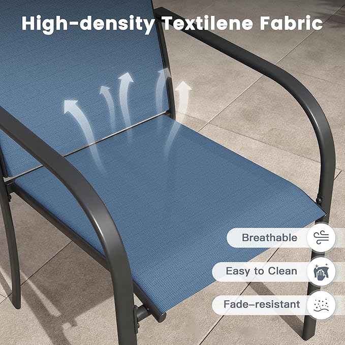 VICLLAX 7 Pieces Patio Outdoor Dining Set, 50" Round Metal Table with Umbrella Hole and 6 Stackable Textilene Chairs for Patio, Lawn, Garden, Porch, Black/Dark Blue