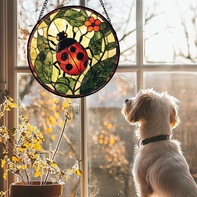 Stained Glass Window Hanging - Red Ladybug Green Plant Flower Sun Catcher for Door Home Decor Insect Suncatcher Christmas Mother's Day Birthday Gifts for Women Men Mom Nana 9.8 in