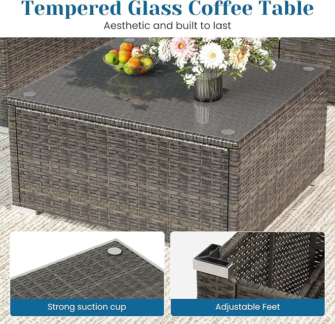 5 Pieces Outdoor Patio Furniture Set, Patio Sectional Furniture Set, All-Weather Wicker Rattan Patio Conversation Set with Washable Thick Cushions and Coffee Table, Outdoor Patio Sofa Couch Set, Grey