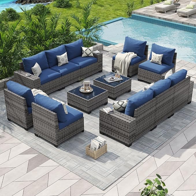 Aoxun Patio Furniture Set, 12 Pcs Outdoor Patio Furniture Sets with 4 in Thicken Cushion and Coffee Table, Widen Armrests Wicker Outdoor Sectional for Backyard & Garden, Navy Blue