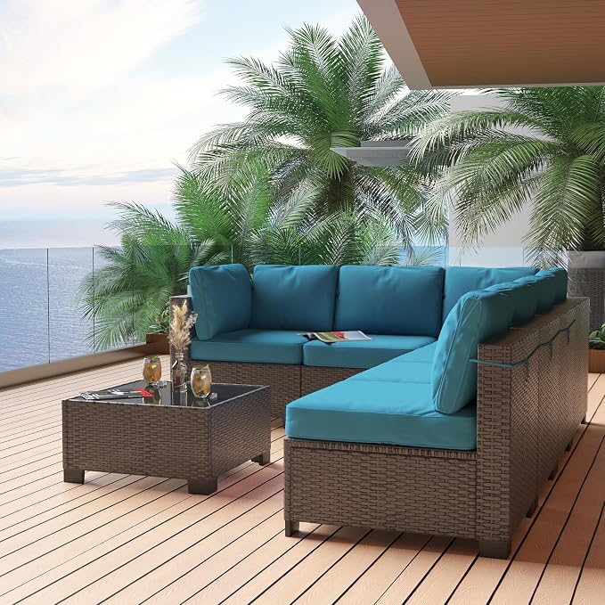 GAOMON 7-Piece Outdoor Patio Furniture Set, All-Weather Wicker Sectional Sofa with Thick Cushions and Glass Top Coffee Table, Modular Conversation Set for Garden, Balcony, Porch, Poolside