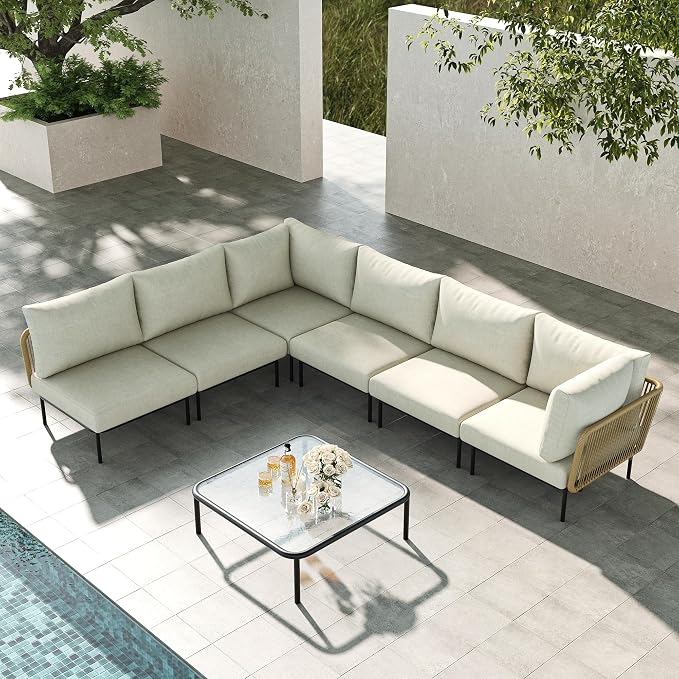 LayinSun 7 Pieces Aluminum Patio Furniture Set, Modern Modular Sectional Sofa with Coffee Table and Upgrade Thickness Cushion