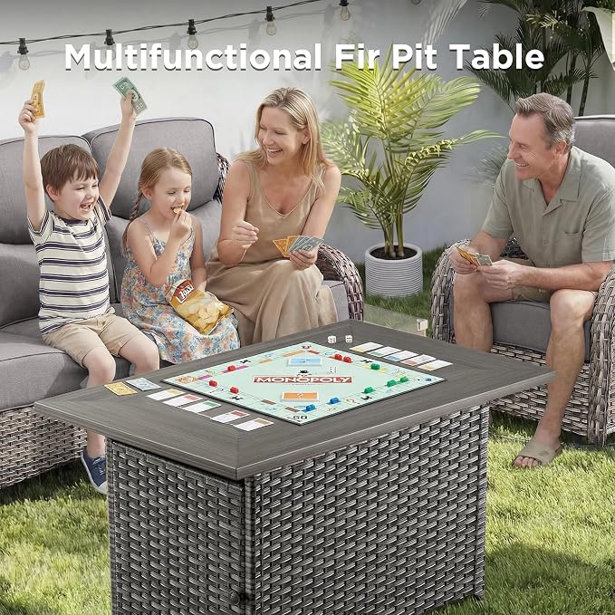 Luxury Patio Furniture Set with Fire Pit Table-4 Pieces High Back Wicker Swivel Rocker Chairs with 6" Extra Thick Cushions, Outdoor Patio Conversation Sets for Porch Deck Garden(Grey/Grey)