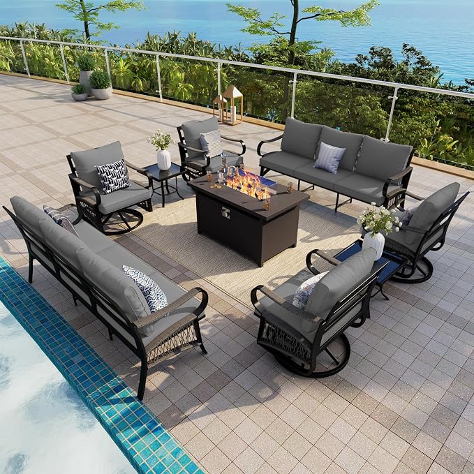 9-Piece Outdoor Furniture Set, Metal Swivel Rocking Chairs with All-Weather Cushions, Patio Conversation Set with Fire Pit Table for Deck, Porch, Garden, Backyard, Poolside (Gray Cushions)