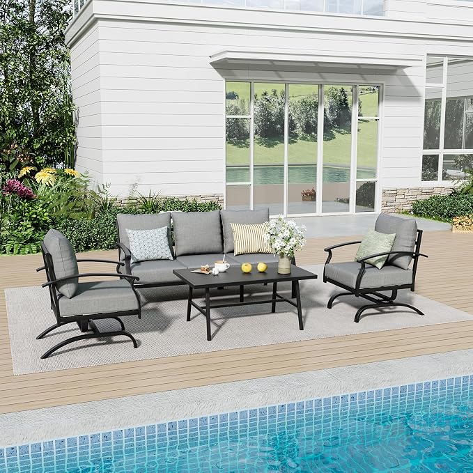 Kurapika Metal Patio Furniture Set 5-Seat Modern Metal Bistro Set Outdoor Conversation Sets, 2 Piece Patio Rocker Chairs with Thick Cushion and Coffee Table for Garden Backyard Deck Lawn, Grey