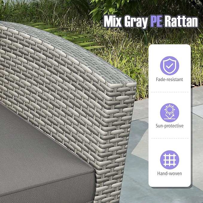 Tangkula 4 Pieces Patio Furniture Set, Outdoor PE Wicker Sectional Conversation Bistro Set with 2 Rattan Chairs, Loveseat, 2-Tier Tempered Glass Coffee Table and Cushions for Balcony, Garden (1, Gray)