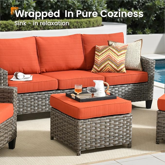 CAODOC Patio Furniture Set, 7 Pieces Outdoor Wicker Rattan Sofa Couch with 4 Chairs, Ottomans and Comfy Cushions, All Weather High Back Conversation Set Garden Backyard, Brown Rattan Red Cushions