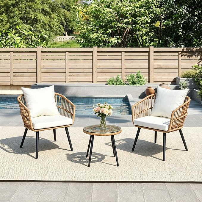 3-Piece Outdoor Patio Bistro Set, Wicker Chairs with Cushions, PE Rattan All-Weather Conversation Set with Coffee Table for Balcony, Porch, Backyard, Poolside, Garden, Deck, Khaki