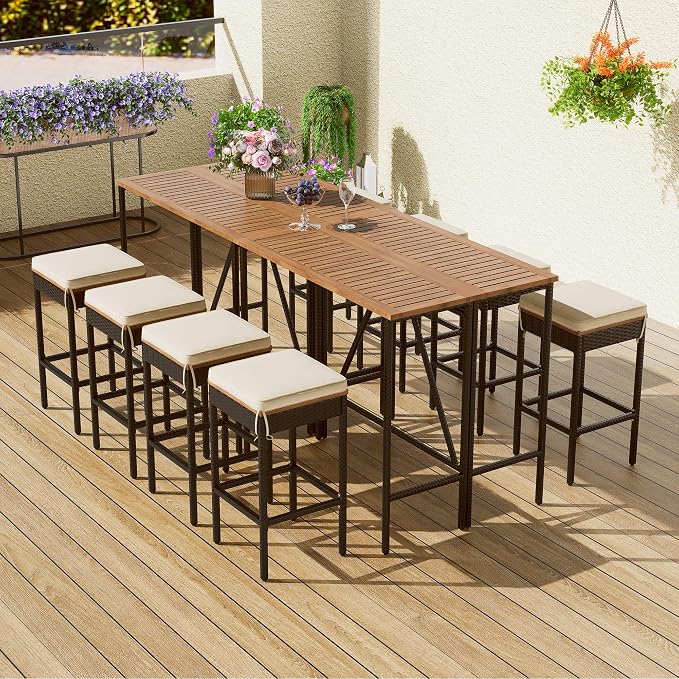 10 Piece Patio Table and Chairs Set for 8, 2 Acacia Wood Bar Height Table and 8 Stools with Cushions, PE Rattan Wicker Dining Table, Foldable Tabletop, Outdoor All-Weather Dining Set, Brown