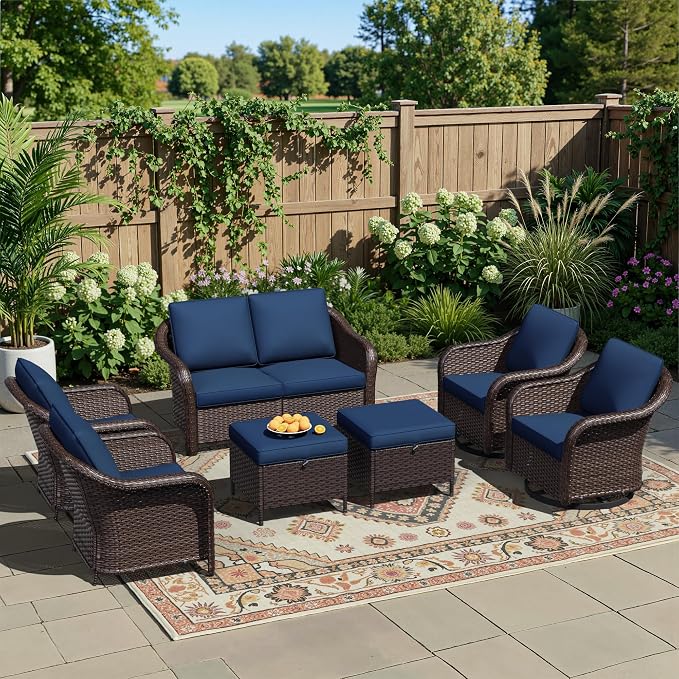 7 Piece Patio Wicker Conversation Set, All-Weather Use Outdoor Wicker Loveseat with 2 PE Rattan Ottomans,2 Chair, 2 Swivel Chair, Ideal for Porch, Backyard, Balcony, Poolside, Blue