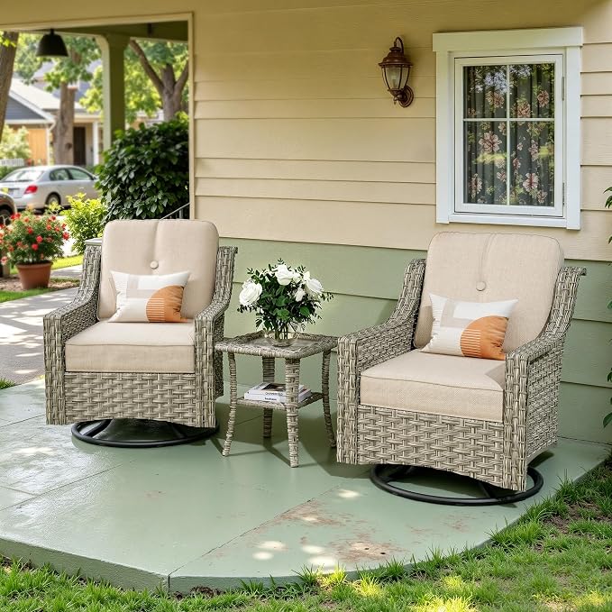 3 Piece Patio Furniture Set, Outdoor High Back Swivel Rocker Chairs Set of 2 with Side Table, All Weather Wicker Glider Chair with Thick Cushions for Backyard Balcony Porch, Beige