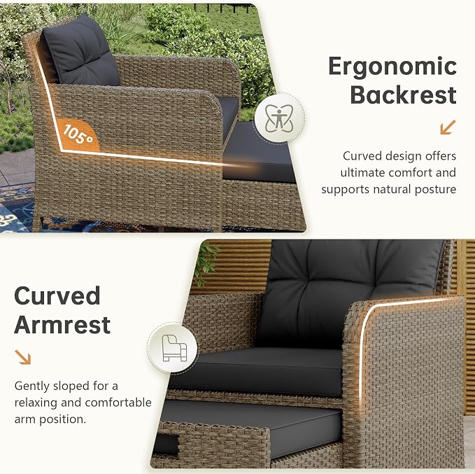 LHBcraft 5 Piece Outdoor Furniture Set, PE Rattan Balcony Furniture with Soft Cushions, Patio Set 2 Ottoman & Table for Porch, Lawn, Garden, Black