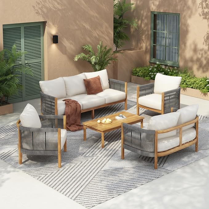 Christopher Knight Home Havets 5 Pieces Outdoor Acacia Furniture Set, Woven Rope Loveseat and Accent Club Chairs, 6" Thick Cushions Sofa and Coffee Table Set for Backyard Garden Balcony, Gray+Beige