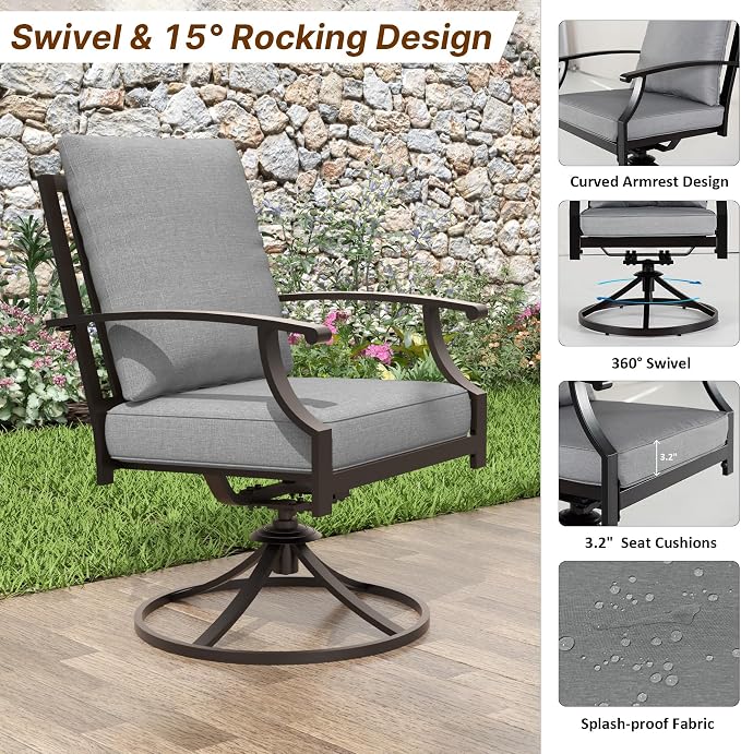 ALAULM 9-Piece Patio Dining Set,Outdoor Metal Dining Set with 2 Swivel Chairs & Rectangle Table with 1.5 Umbrella Hole, Patio Dining Table and Chairs for Backyard,Grey