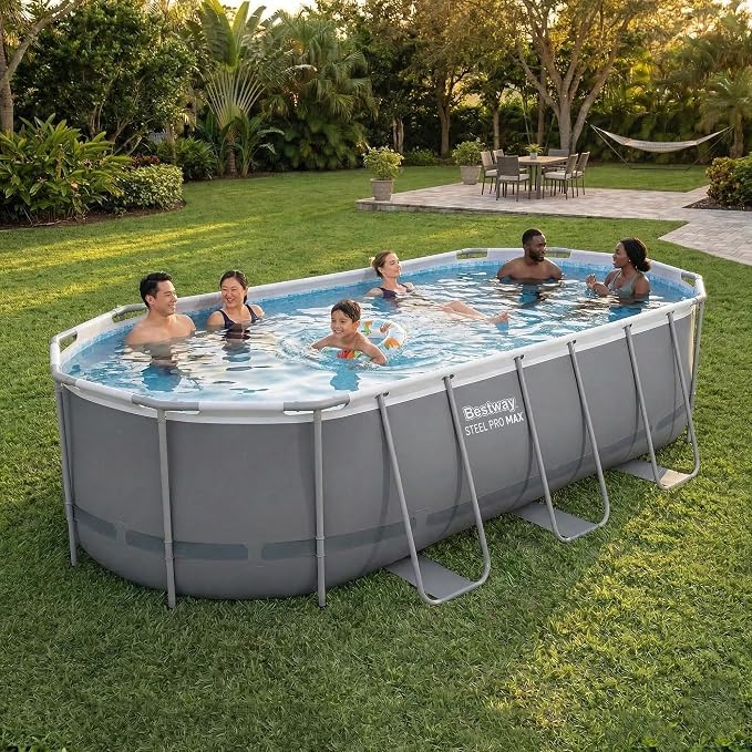 Bestway Steel Pro MAX 18' x 9' x 48" Above Ground Pool, Oval Metal Frame Outdoor Swimming Pool Set with Filter Pump, Ladder, and Cover, Gray
