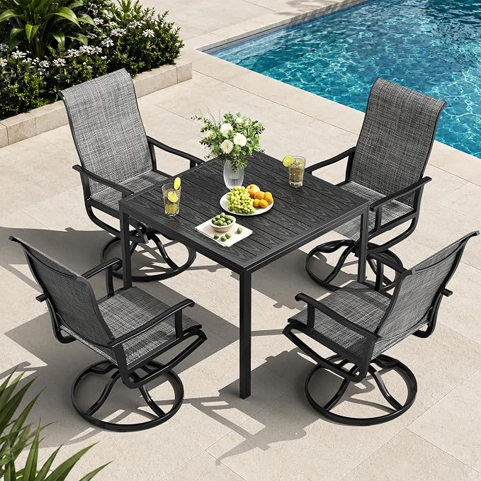 Pamapic 5-Piece Outdoor Dining Set, All Weather Patio Table and Chairs Set with Umbrella Hole, Wood-Like Metal Table and 4 360° Swivel Textilene Chairs for Backyard, Poolside, Deck, Porch, Grey