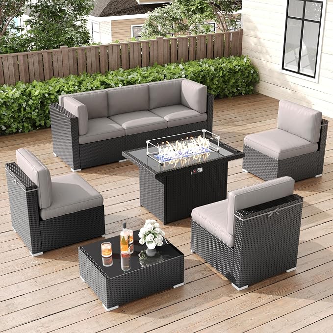 LayinSun 8 Pieces Patio Furniture Set with Fire Pit Table, Black Rattan Modular Sectional Patio Conversation Sofa Set