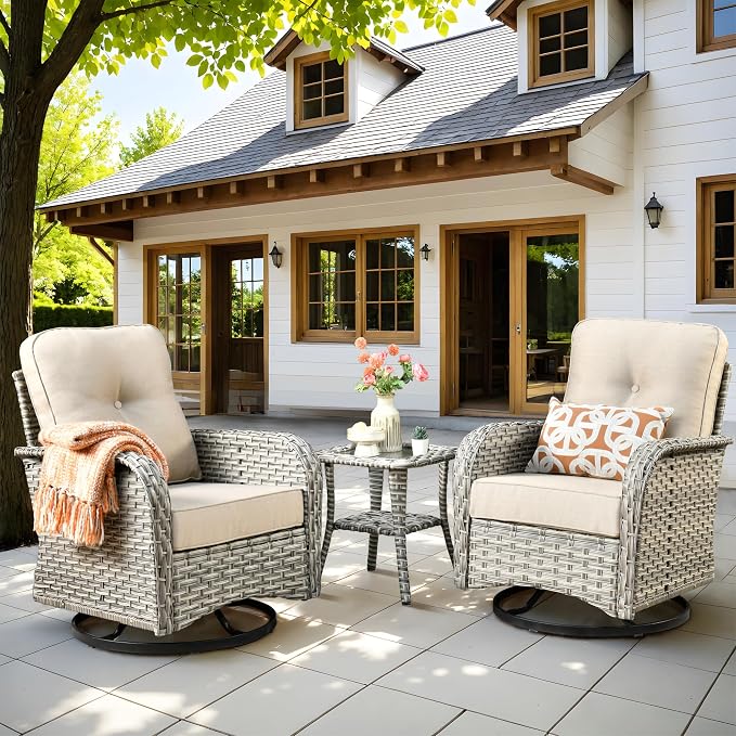 Swivel Patio Chairs Set of 2, Outdoor Wicker Rocker Glider Chair with Coffee Table, Modern Comfy Patio Furniture Sets for Porch Balcony Sunroom, Beige