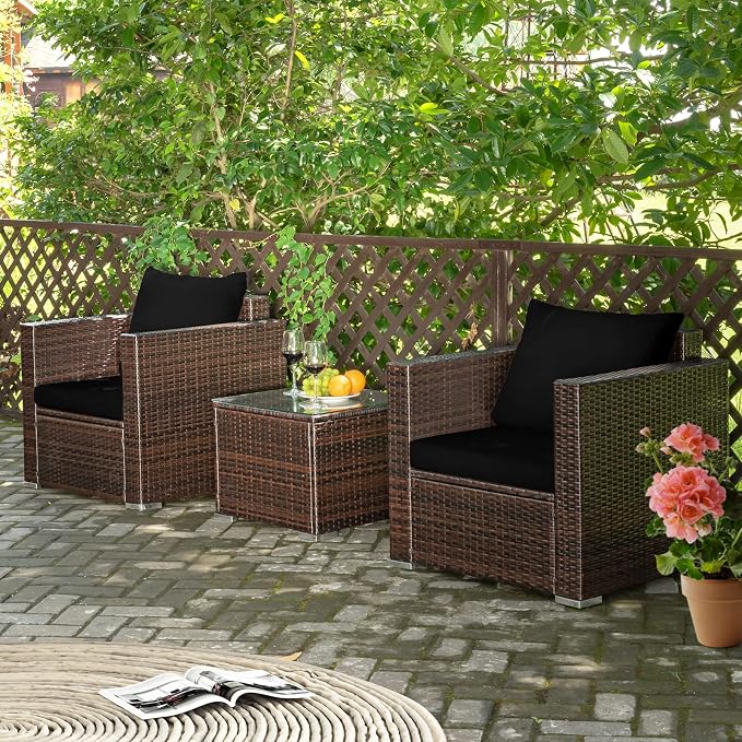 Patio Conversation Set Outdoor, 3-Piece Rattan Wicker Furniture Set with Water-Resistant Cushion & Tempered Glass Tabletop, Patio Furniture Set for Balcony, Porch, Poolside (Black)