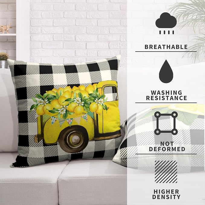 Summer Lemon Pillow Covers Yellow Truck Lemon Blossom Throw Pillow Covers for Living Room Farmhouse Patio Car Black Buffalo Plaid Cushion Case 24x24 Set of 2