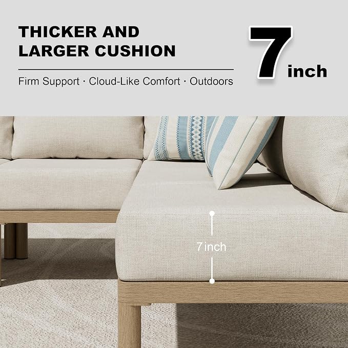 Patio Furniture Set for 6 seat, Aluminum Outdoor Sectional Sofas with 7 Inch Olefin Cushion and Glass Coffee Table, Modern Outdoor Conversation Sets for Porch, Backyard, Sunroom, L-Shaped, Beige