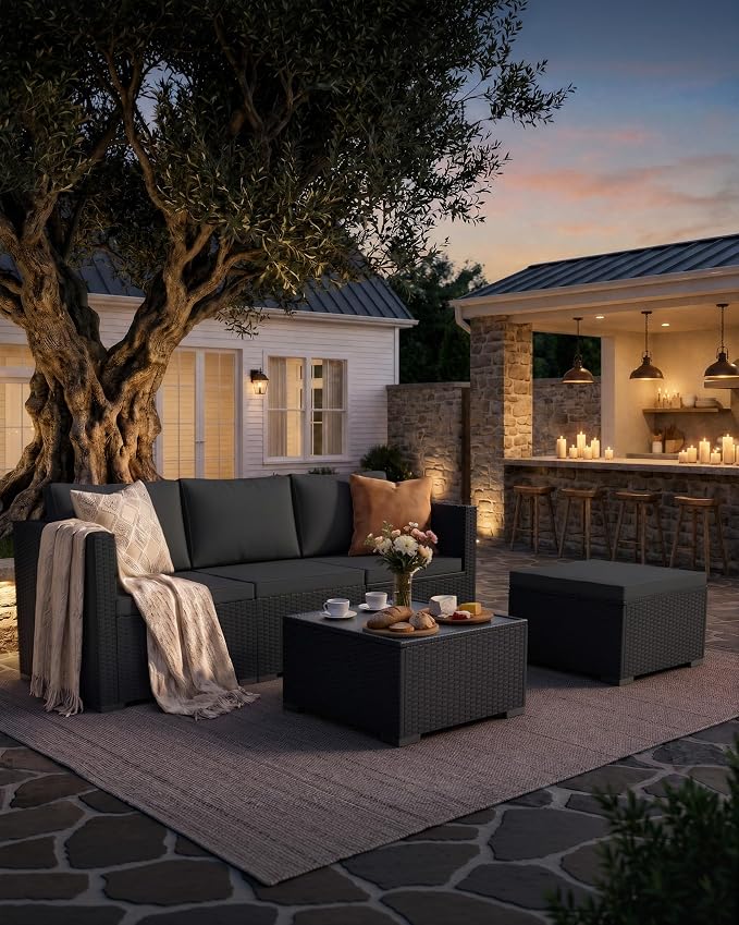 Skyfish Patio Furniture Set - Wide Armrests - All-Weather 5 Piece Outdoor Wicker Sectional Couch with Chaise Lounge,Couch Conversation Set, PE Rattan Sofa for Backyard Porch Poolside Black/Medium Gray