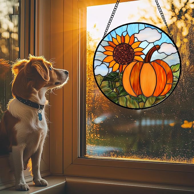 DASTOLL Stained Glass Window Hanging Fall Farm Scenery Sunflower Pumpkin Large 15" - Suncatcher Door Garden Kitchen Sunroom Sun Catcher Home Decor Birthday for Mom Grandma Men Woman