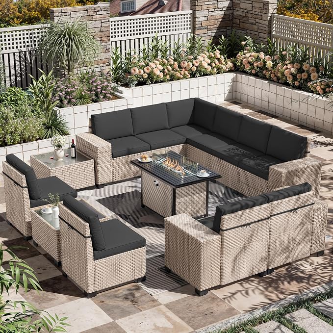 13 Pieces Patio Furniture Set with Fire Pit Table, Outdoor Sectional Wicker Sofa with Thickened Cushions and Coffee Table, High Back Rattan Patio Conversation Sets, Black